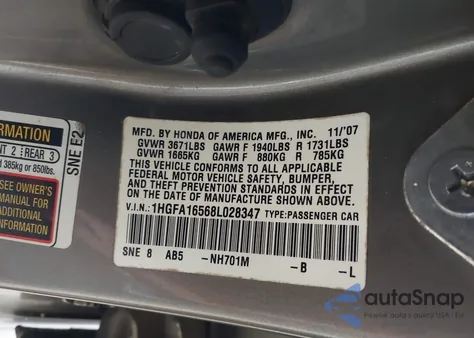 2008 Honda Civic Lx from USA, damaged, VIN 1HGFA16568L028347